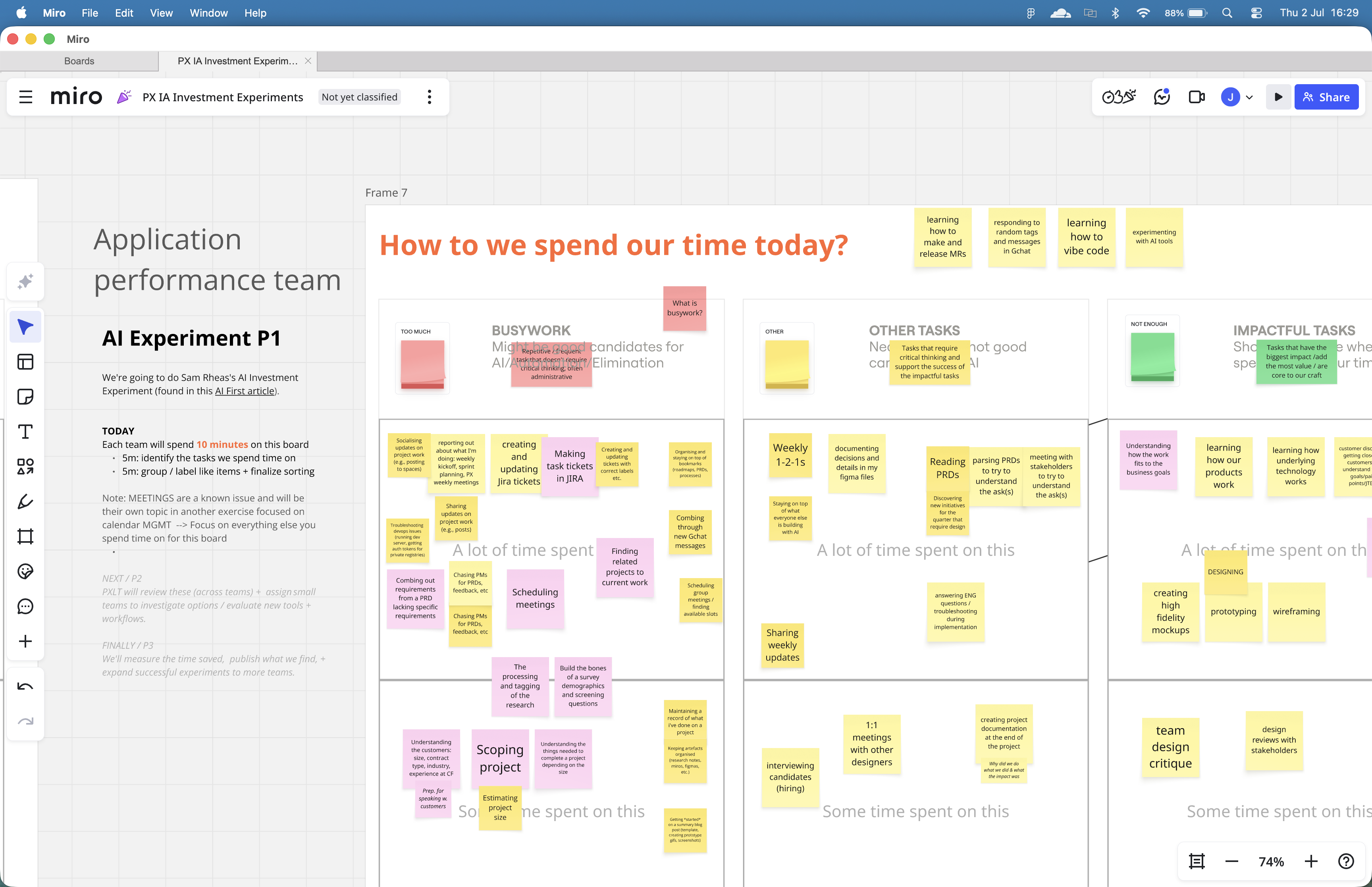 Output of a team workshop identifying where AI could relieve burden on product design tasks.